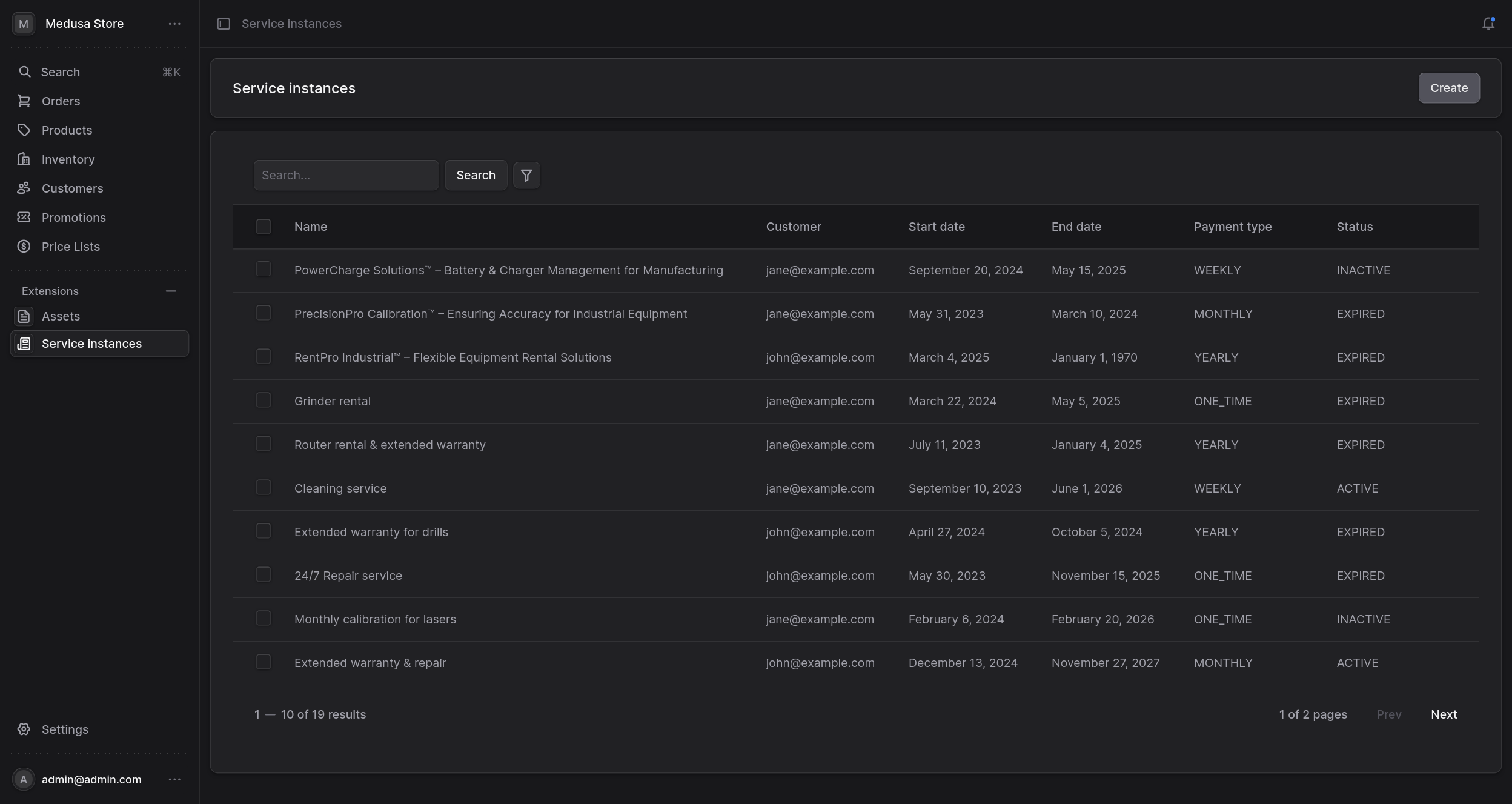 Service instances list